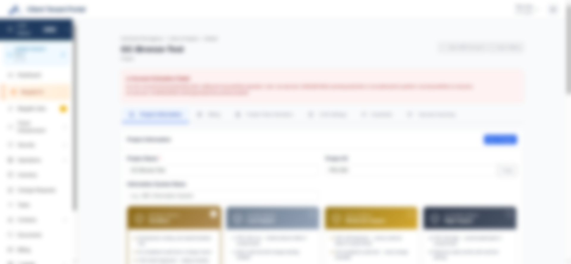 Project page with failure banner — blurred for anonymity