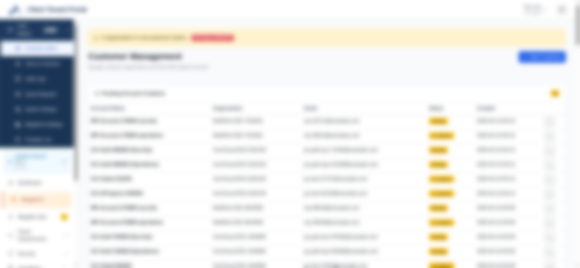 Admin customer list — blurred for anonymity