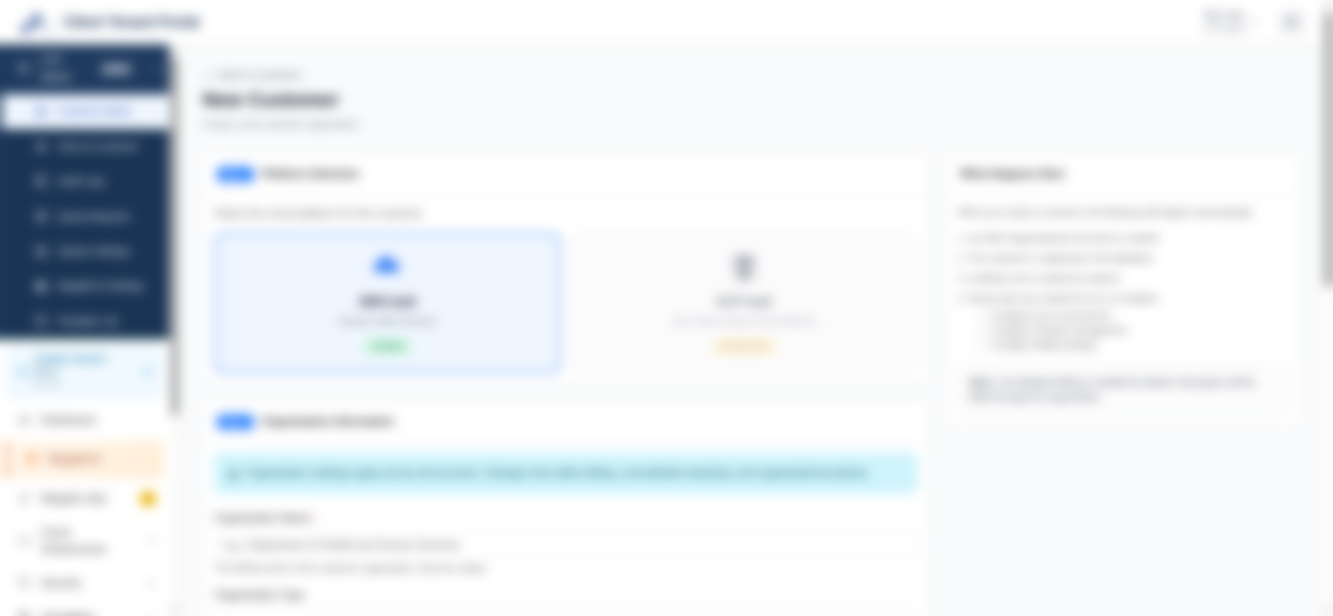 Customer creation form — blurred for anonymity